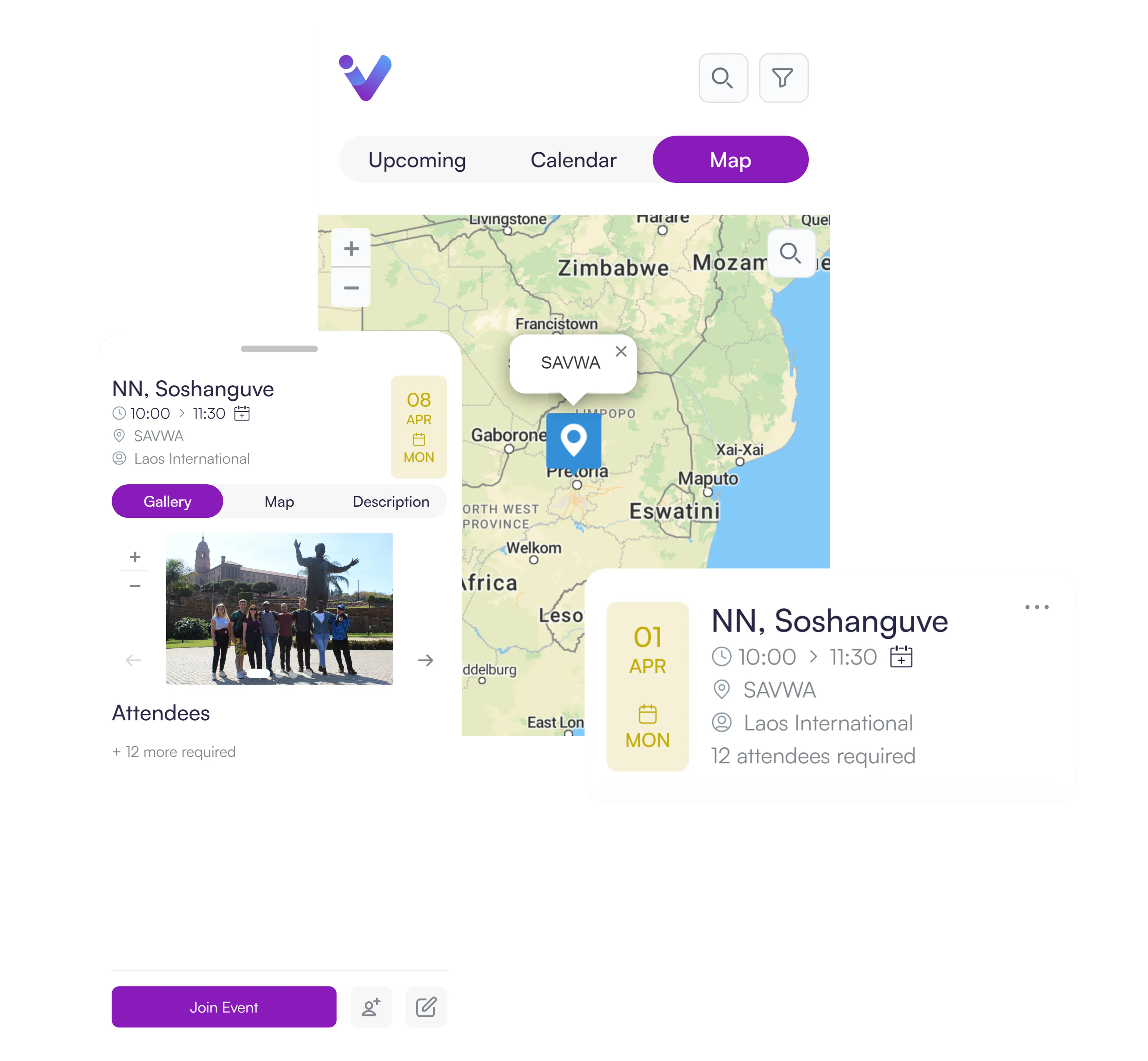 Volunteer event scheduling interface showing nearby community events
